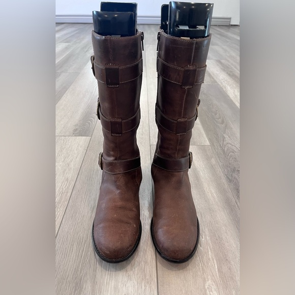 STAR LING Taupe Leather Zip Up Mid Calf Boots W Buckle Accent - Picture 2 of 7